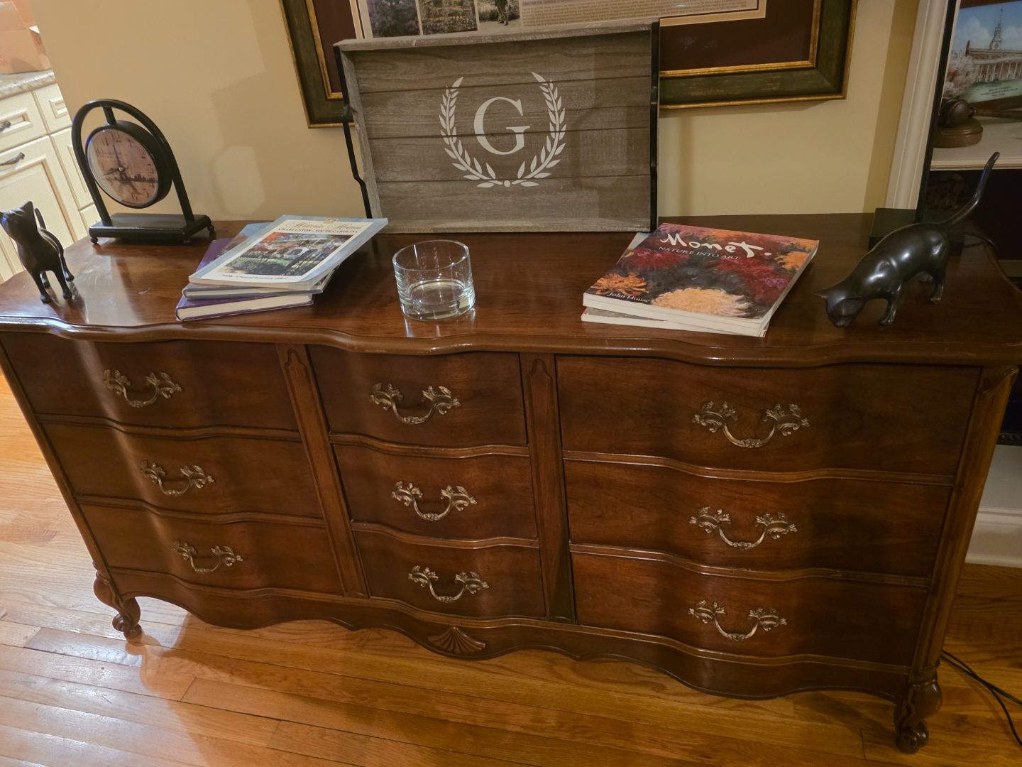 French Provincial Dresser — Serpentine front · brass bail pulls · ball-and-claw feet